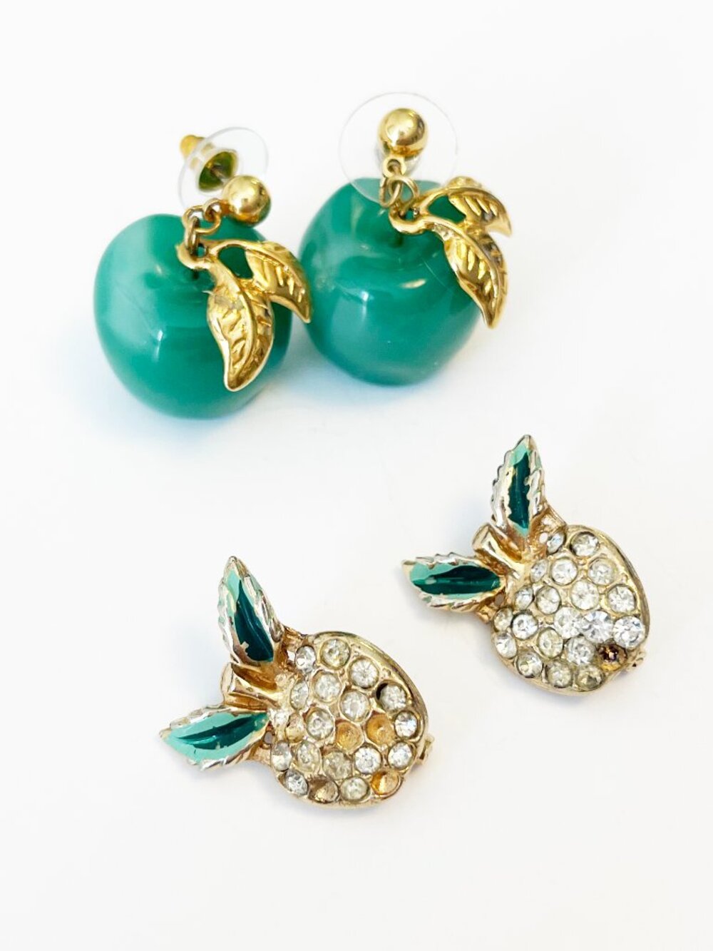 Vintage Apple Brooch Pins Rhinestone Fruit + Green Apple Drop Earrings Fruit